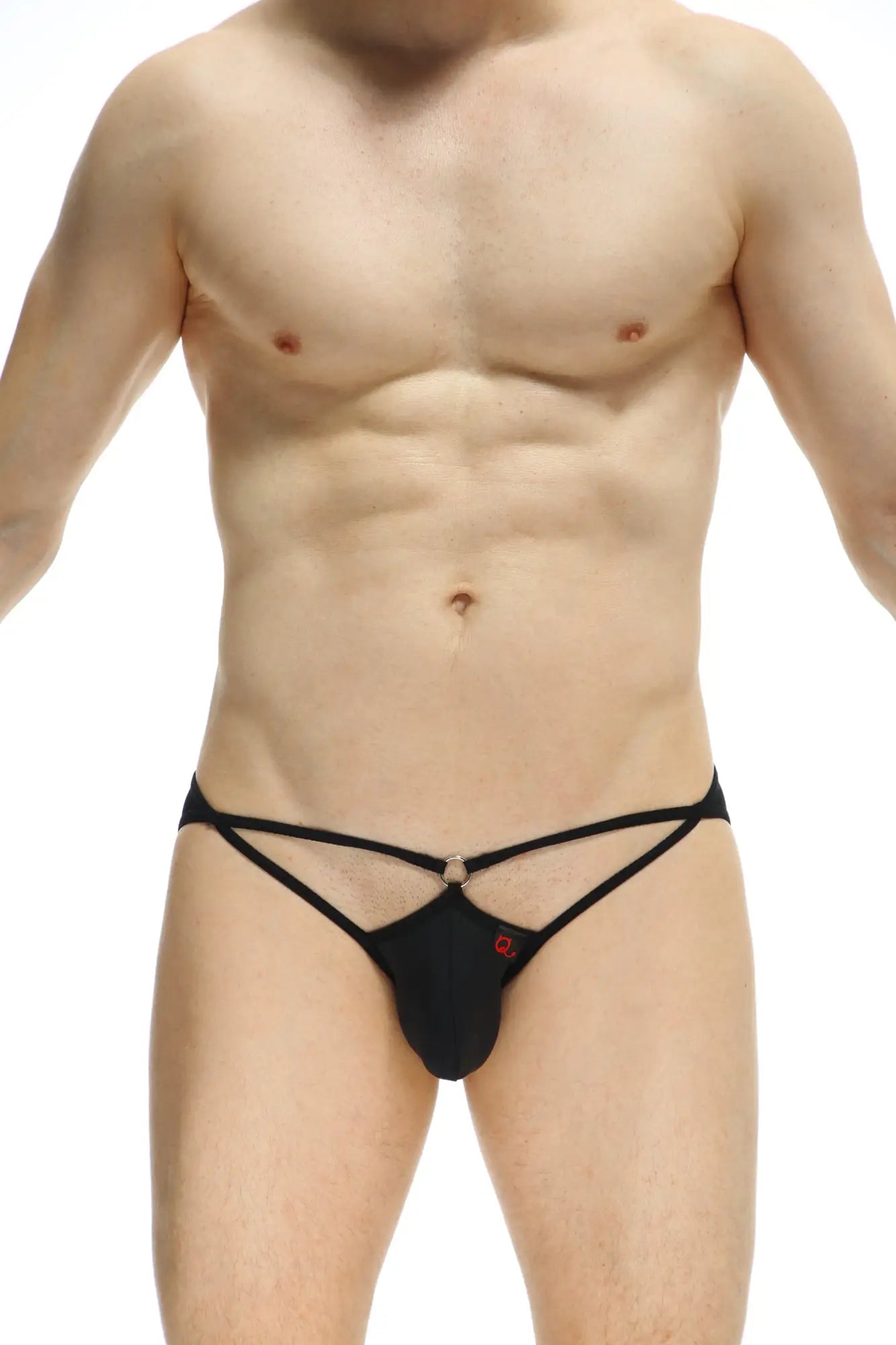 Black sleek form-fitting thong with crisscross hips design shown from the back in petitq bikini auxy black style