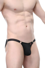 Petitq bikini bayel black men’s thong featuring metallic silver rings at sides and small red logo on front