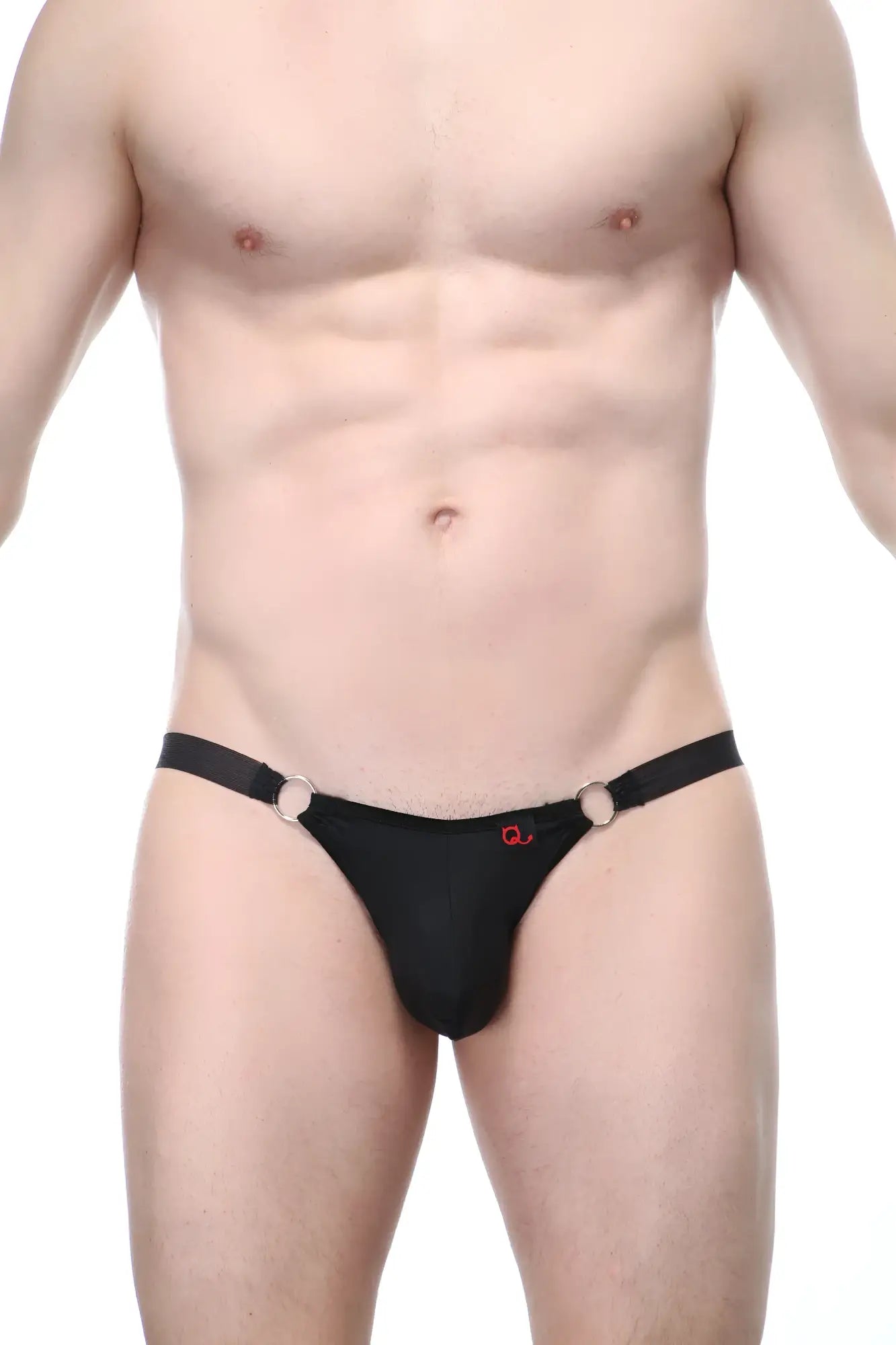 Petitq bikini bayel black black thong with silver metal rings at sides and small red logo on front
