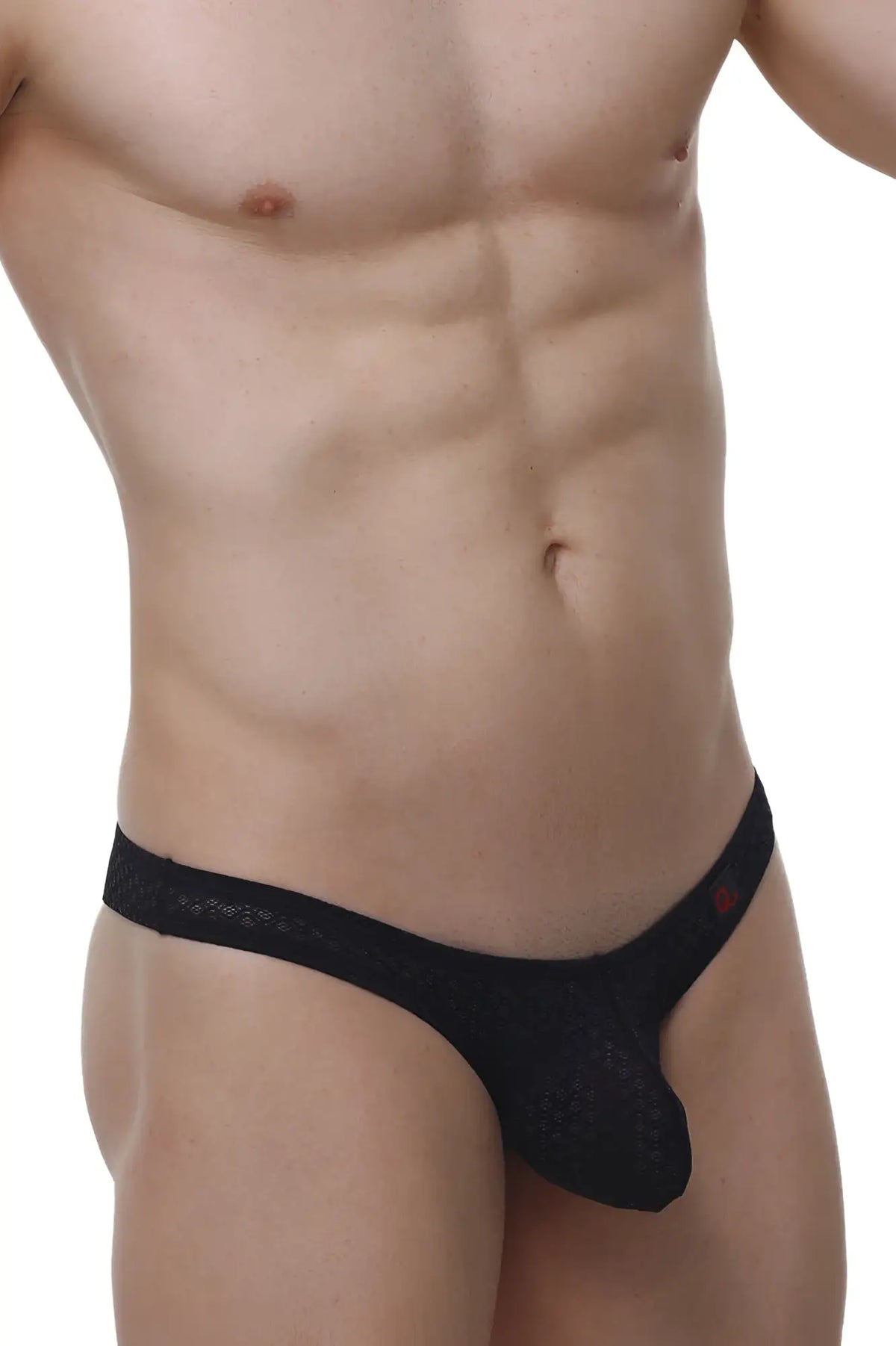 PetitQ bikini capri macra black lace thong with subtle textured pattern and small red logo on the side