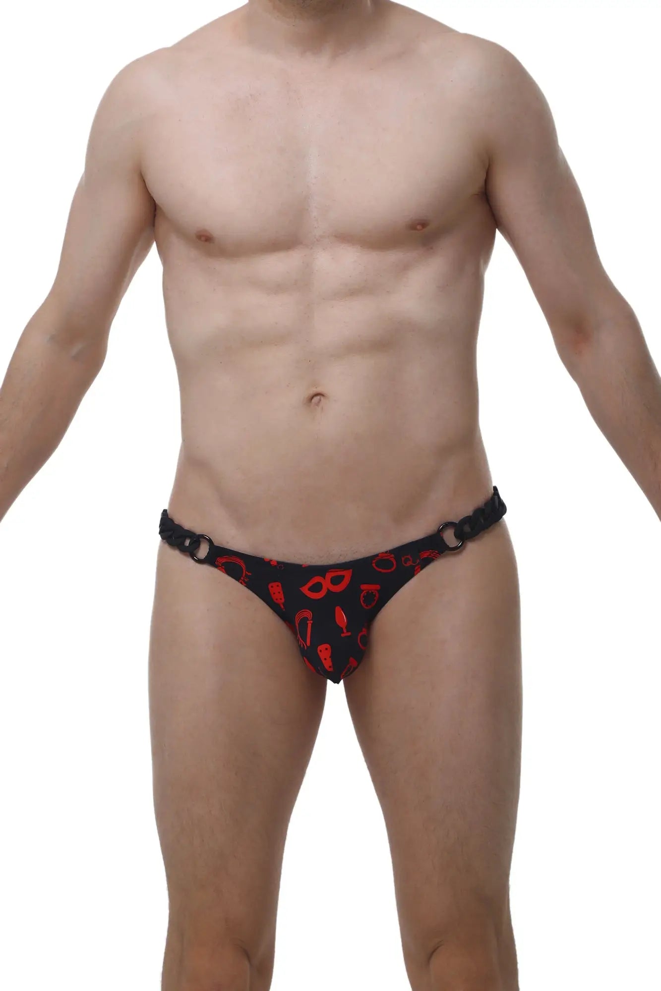 Black thong from PetitQ bikini chains boudoir with red cocktail and mask patterns for stylish lingerie look