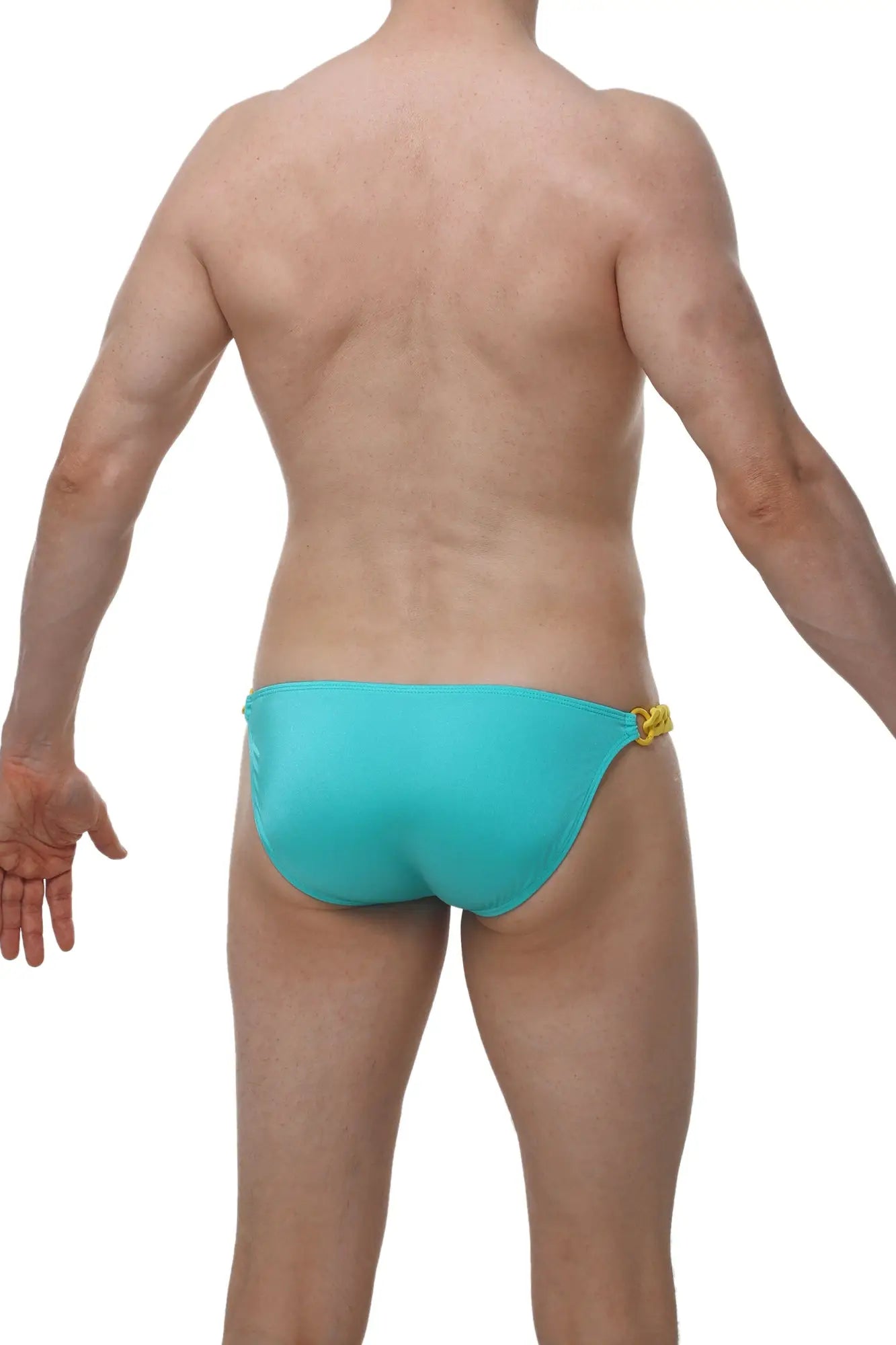 Turquoise one-piece swim trunks with a yellow metallic clasp at the side from petitq bikini chains joe green collection