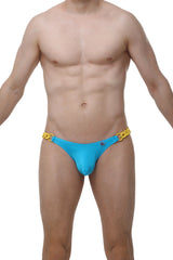 Bright blue swim trunks with bold yellow chain detailing at the waistband from bikini chains joe turquoise collection