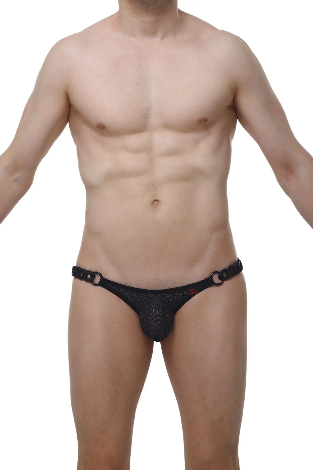Black mesh briefs petitq bikini chains macra black with chain-like waistband and red branding