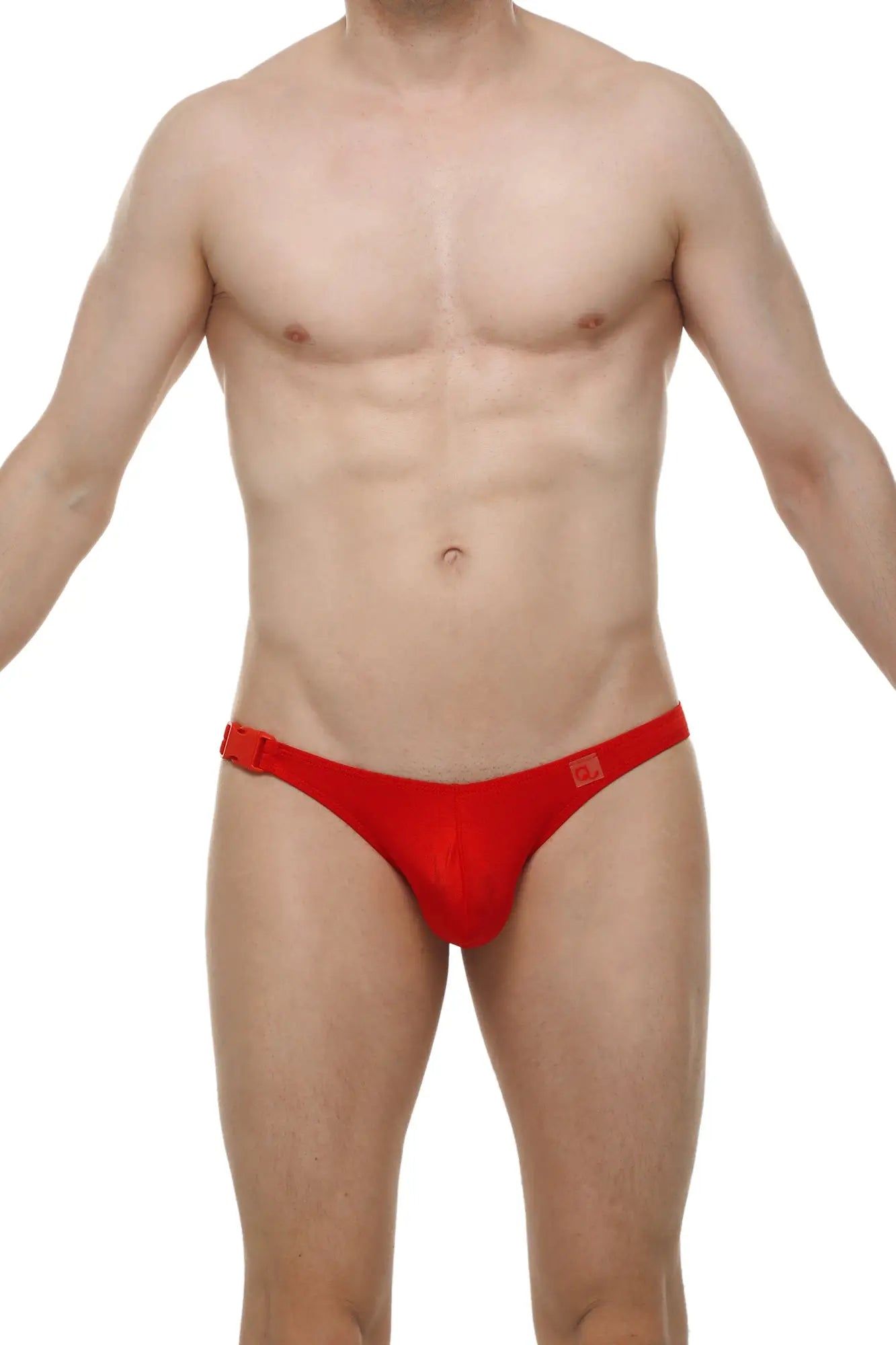 Red men’s bikini briefs with a snug fit and small square logo on the side in bold joe red color