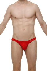 Red men’s bikini briefs with a snug fit and small square logo on the side in bold joe red color