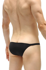 Black petitq bikini cornil plum thong made of smooth stretchy fabric shown from the back side