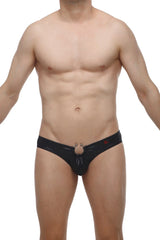 Black satin petitq bikini cuxac briefs with central ring detail and subtle red logo on the waistband