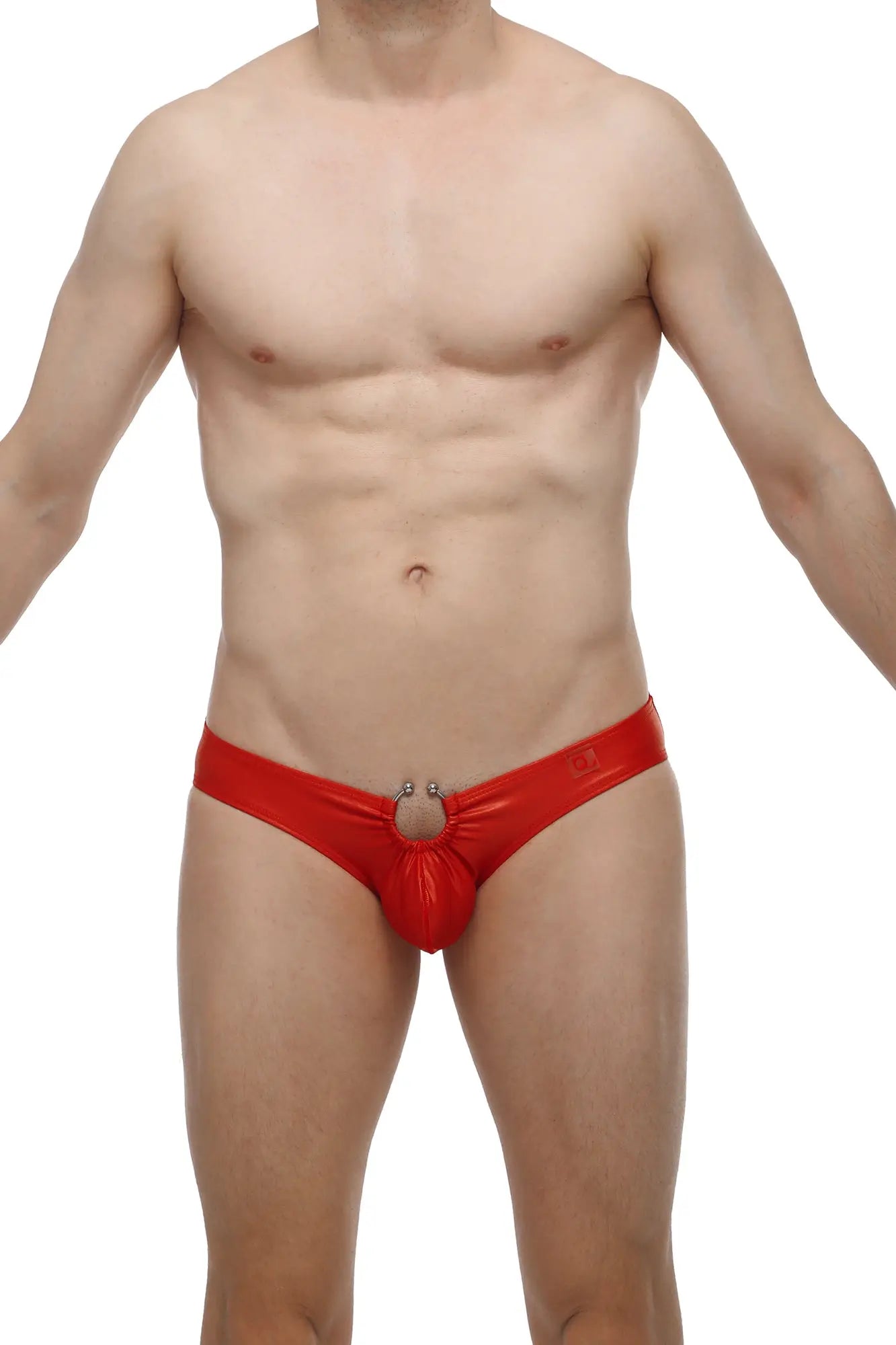 Red shiny latex thong with central ring detail from petitq bikini cuxac red collection