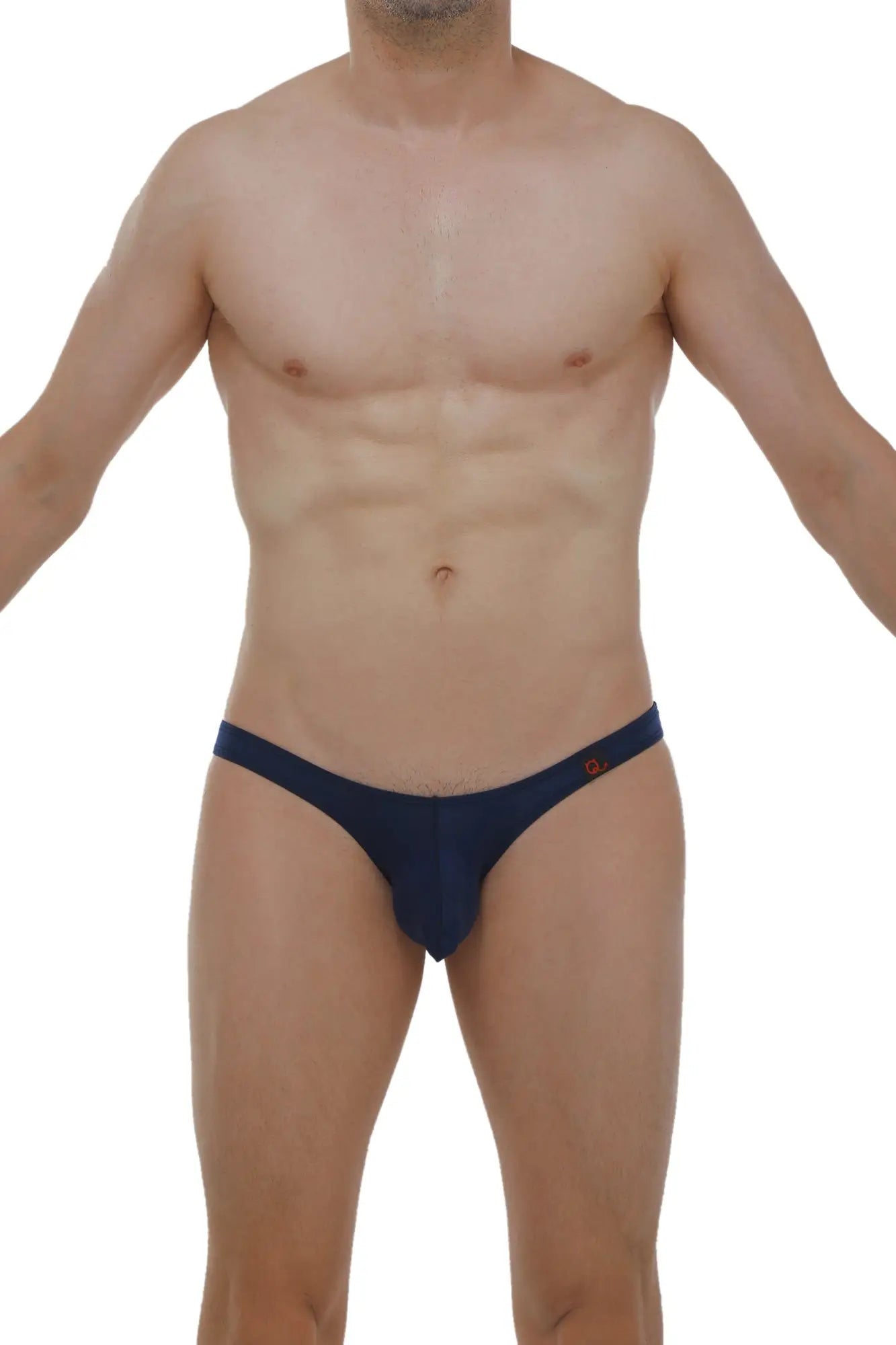 Navy blue petitq bikini briefs with a small orange logo on the sideband in dome plum fabric