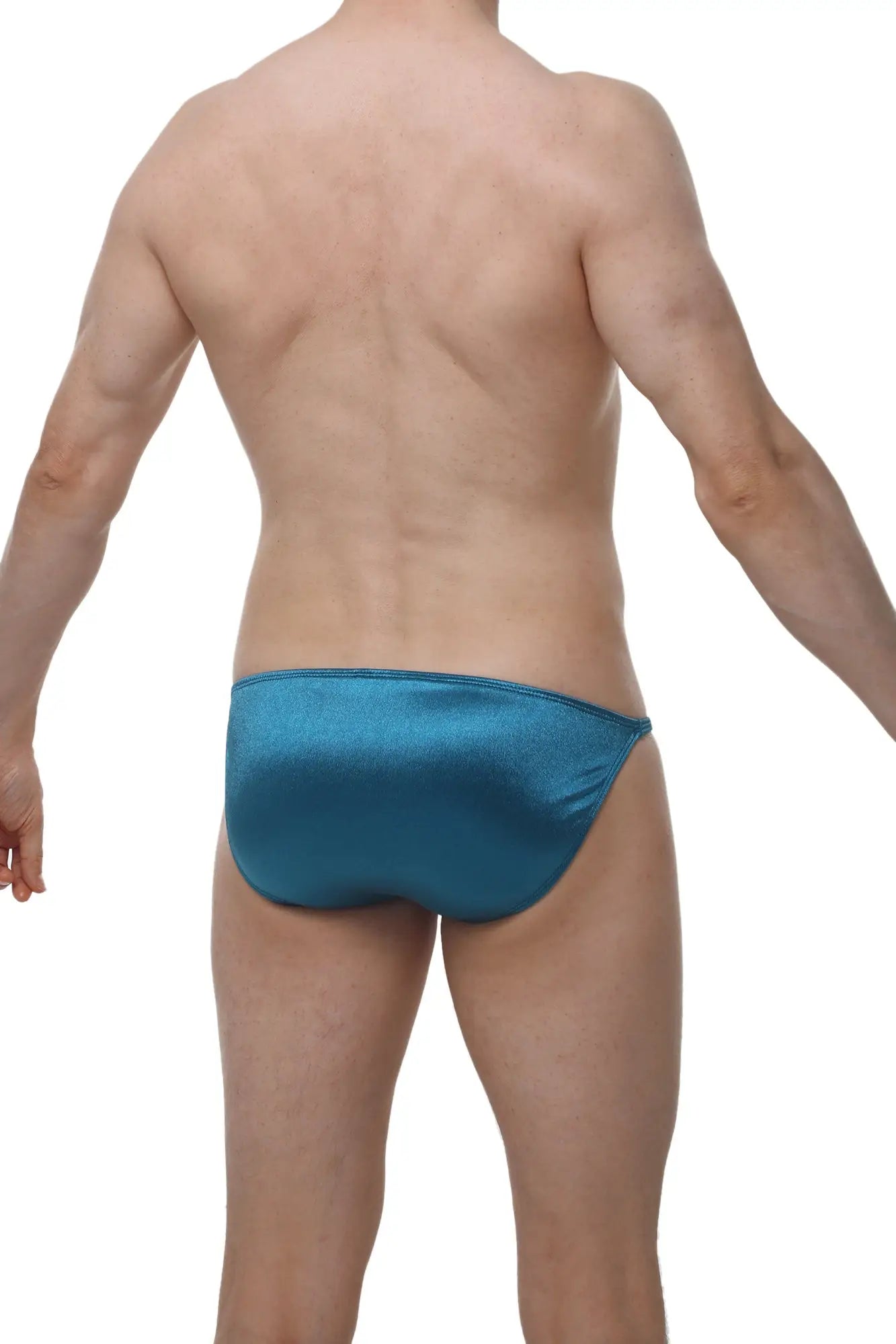 A sleek teal satin PetitQ bikini brief with a smooth glossy finish and tailored fit