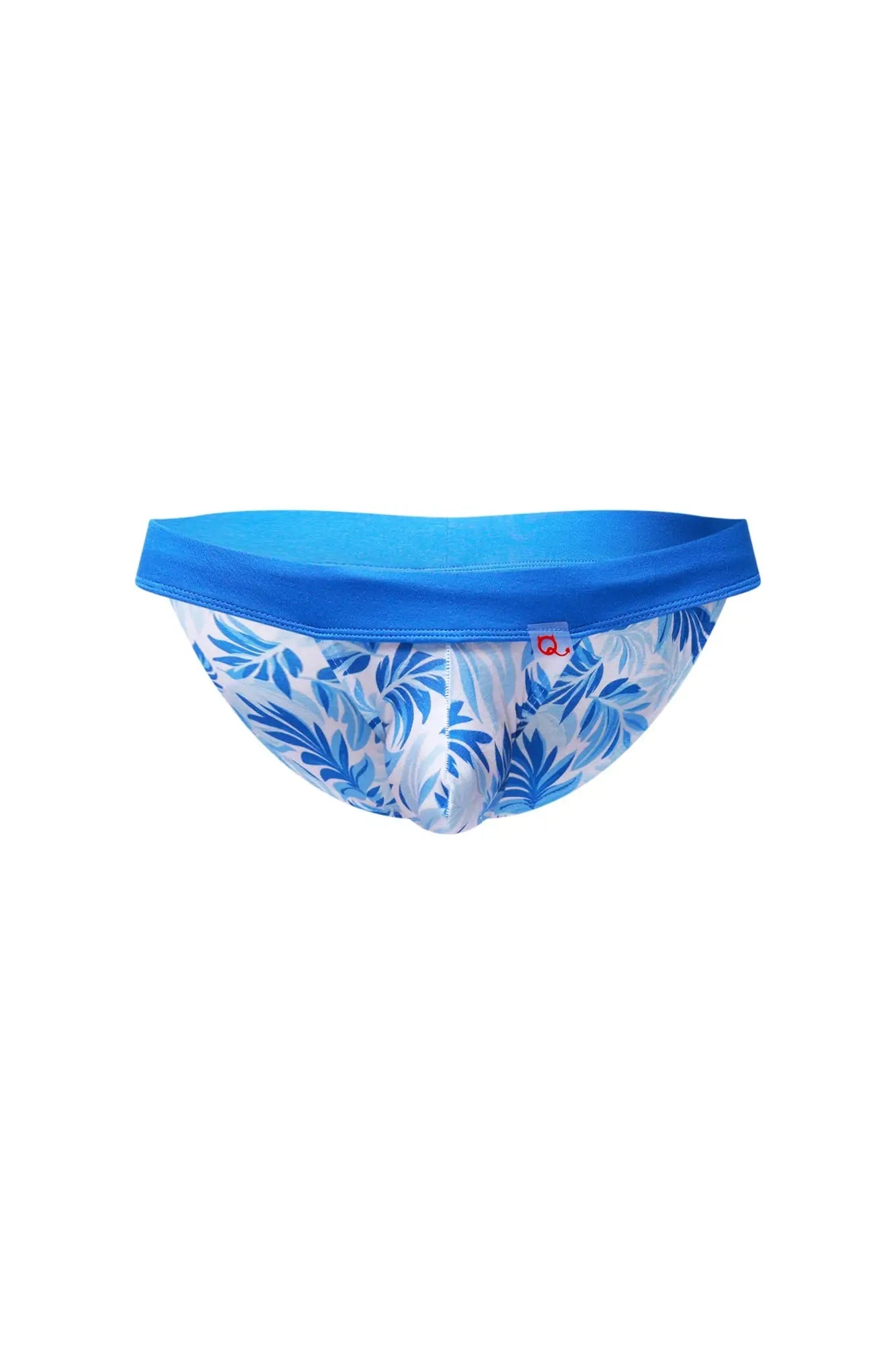 PetitQ bikini Linthes Maeha briefs with blue and white tropical leaf pattern and solid blue waistband