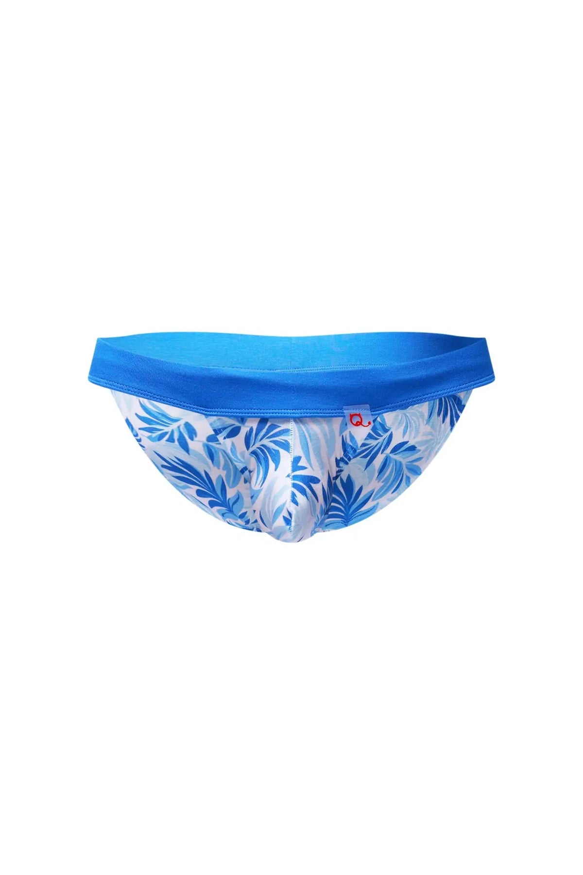 PetitQ bikini Linthes Maeha briefs with blue and white tropical leaf pattern and solid blue waistband