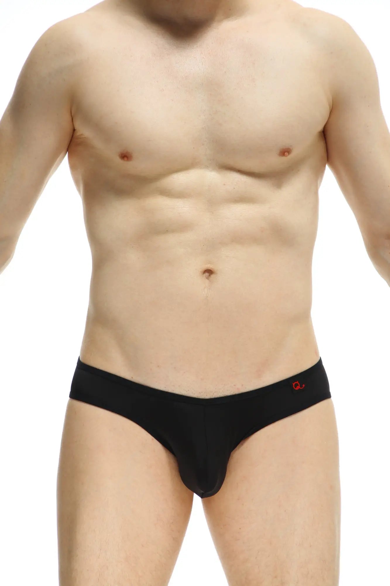 PetitQ bikini loisail black men’s briefs with red logo on waistband made of soft breathable fabric
