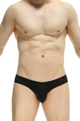 PetitQ bikini loisail black men’s briefs with red logo on waistband made of soft breathable fabric