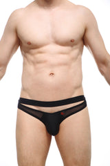 Petitq bikini mardie black briefs featuring black mesh and solid fabric with a red logo on the side