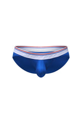 Petitq bikini mega bulge modal blue men’s briefs blue with white waistband red and blue stripes embossed pethro branding