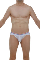 PetitQ bikini mega bulge modal white briefs with a red white and blue striped waistband in modal fabric