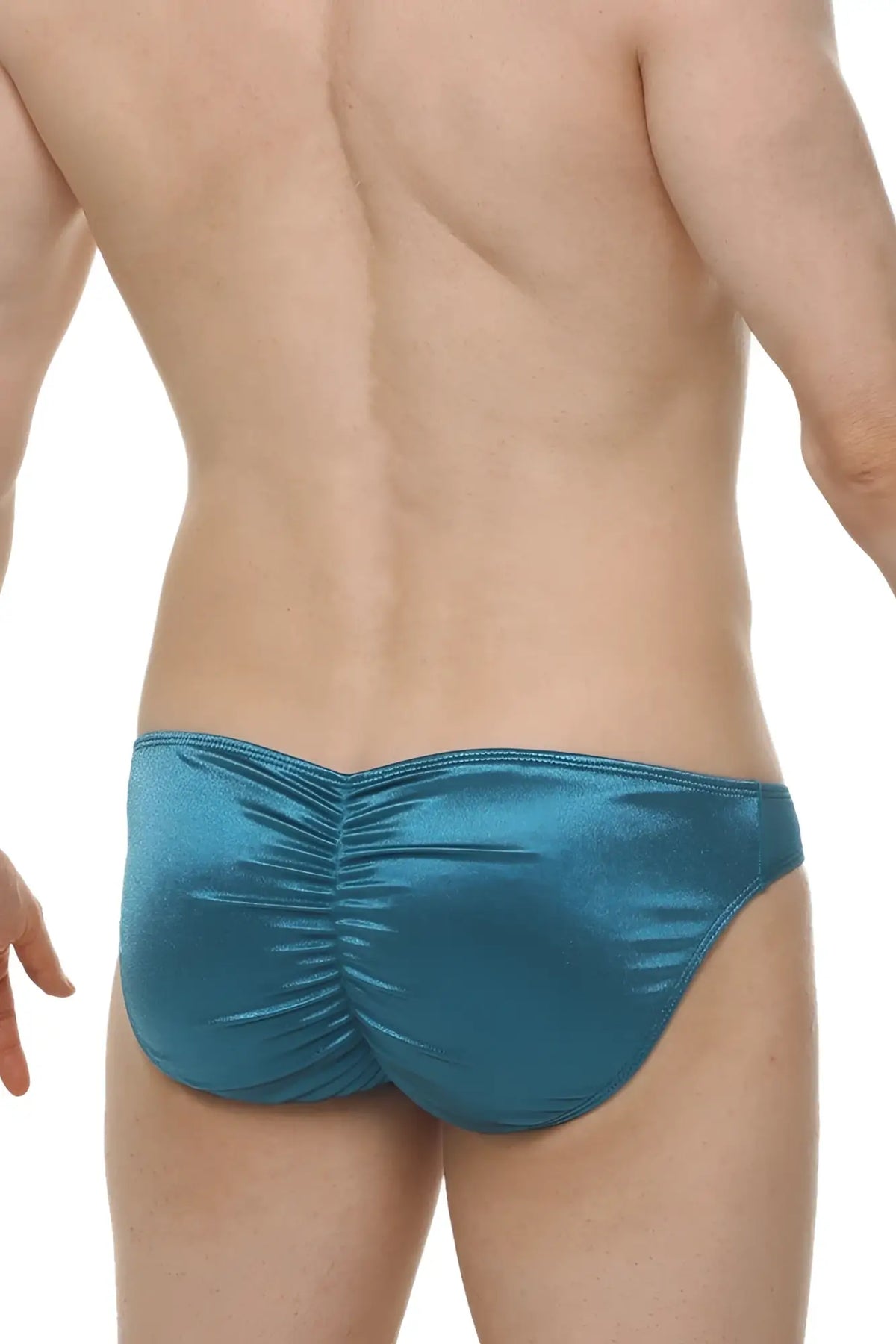 Teal metallic satin briefs with ruched back design from petitq bikini murlin satin teal collection shown from back