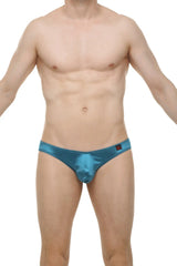 Shiny teal metallic briefs with textured pattern and small red logo on waistband petitq bikini murlin satin teal