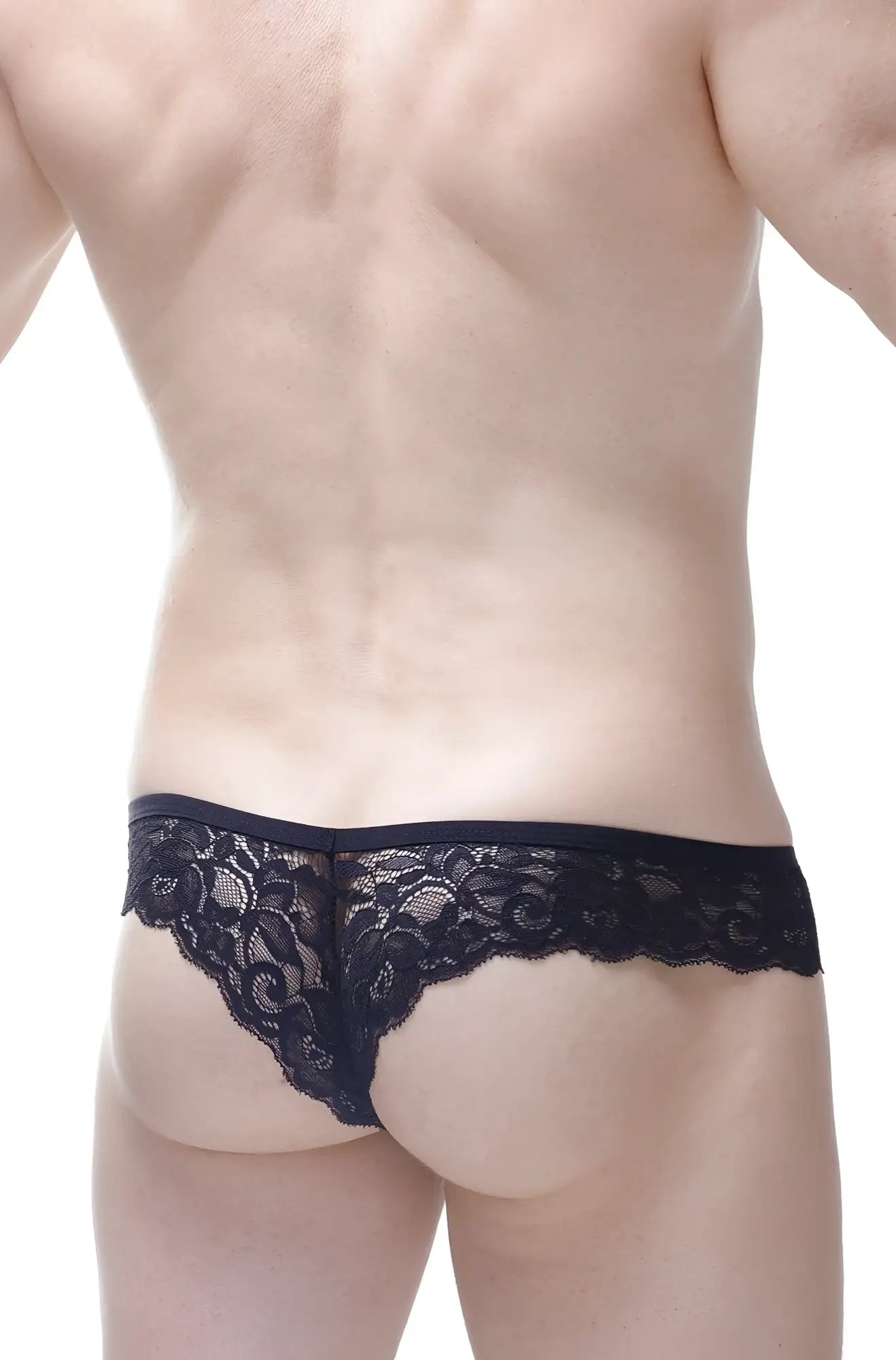 PetitQ bikini oupar satin black black lace thong with intricate floral patterns and smooth elastic waistband