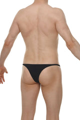 Black bikini plellis thong made of smooth form-fitting fabric shown from the back side