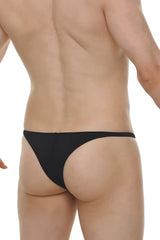 Black thong bikini plellis joe made of smooth stretchy fabric with a narrow waistband shown from the back side