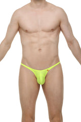 Bright neon yellow bikini plellis joe thong with small orange logo on the side front view