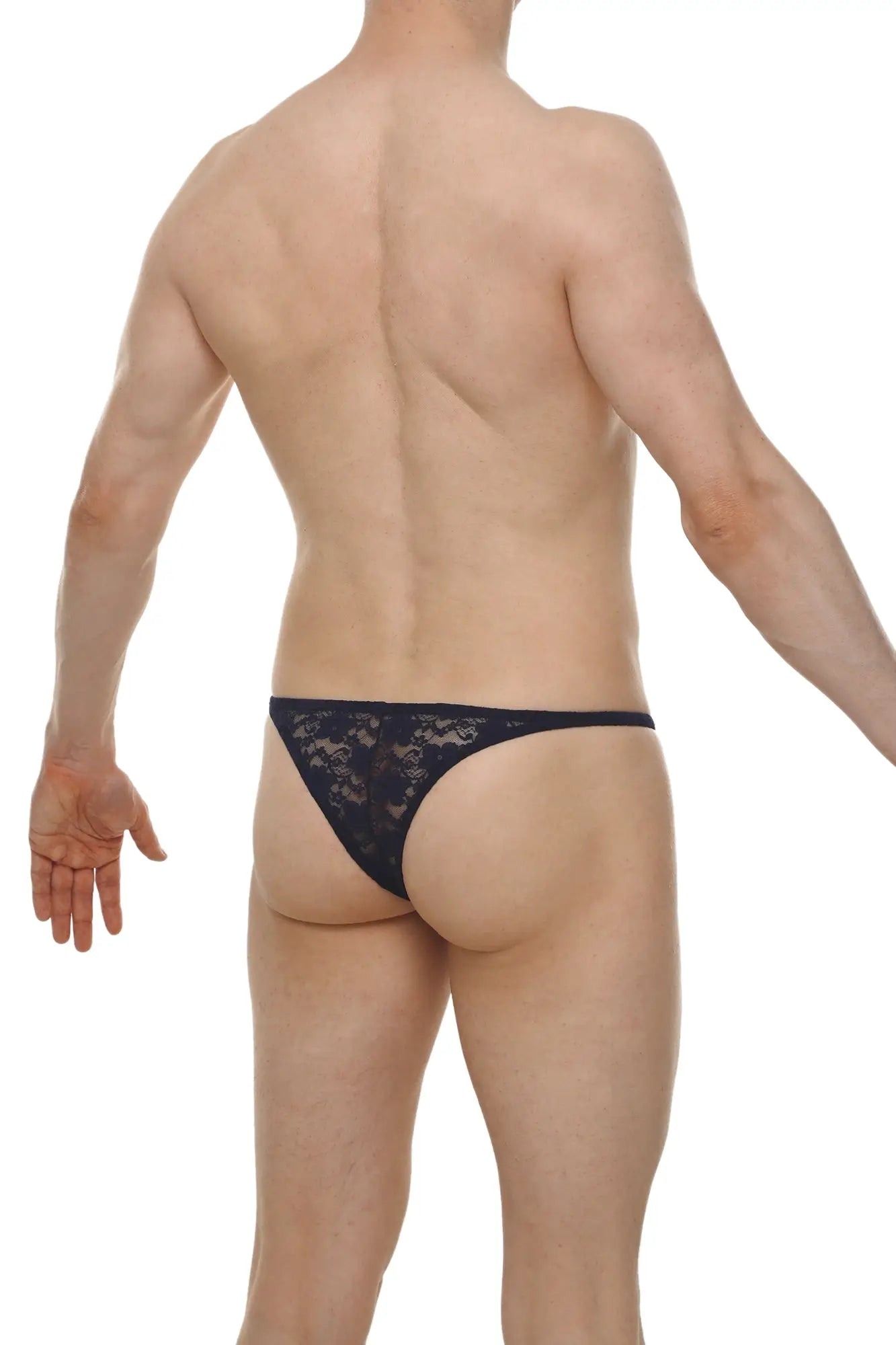 Black lace thong with intricate floral pattern in navy from Bikini Plellis Lace collection showing front view