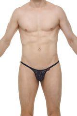 Black lace thong bikini plellis lace navy with subtle pattern and small red logo on the side front view