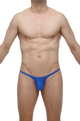 Blue petitq bikini plellis thong with smooth stretchy fabric and red logo on left hip shown from the back side