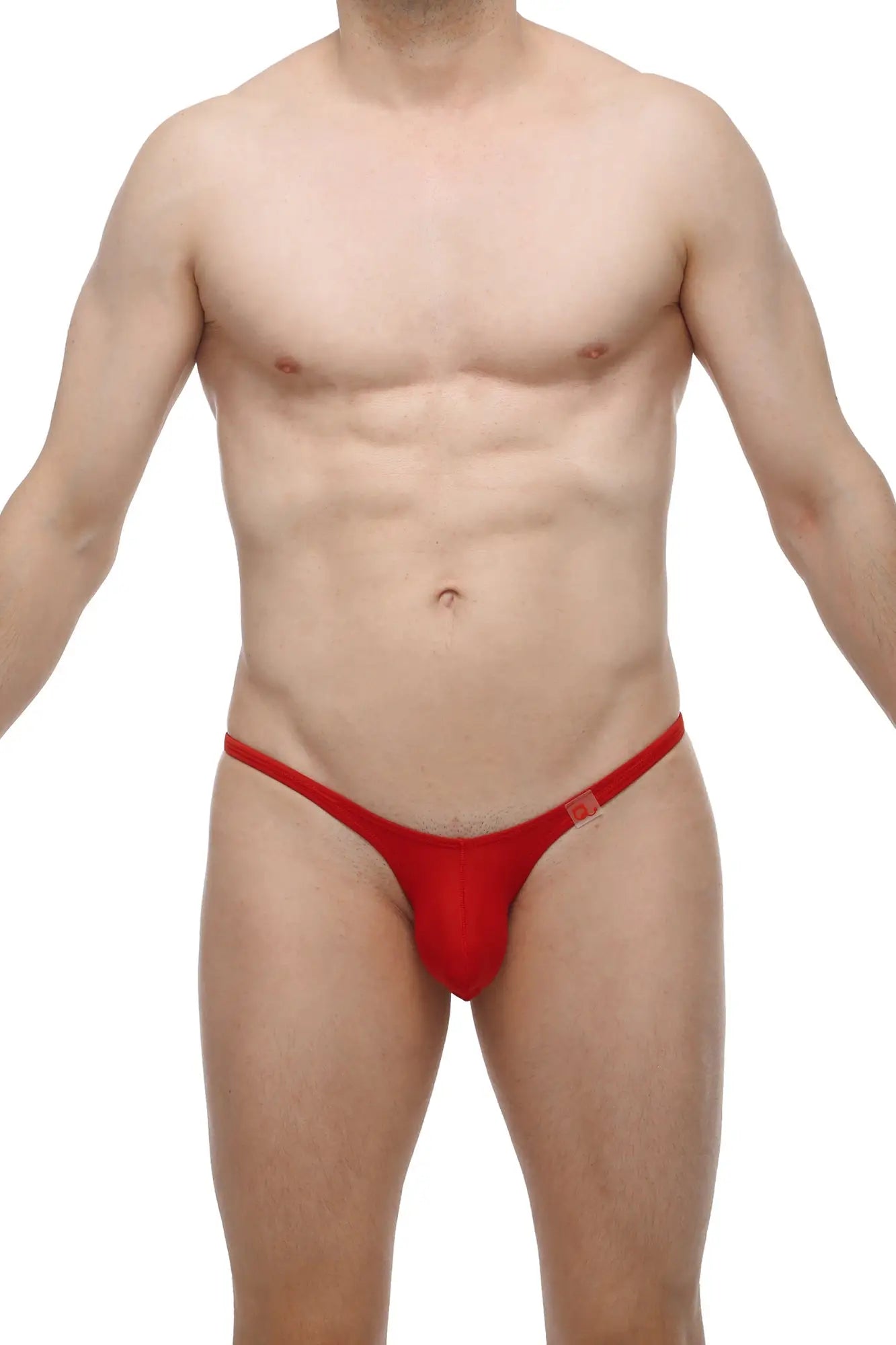 Red thong bikini with small square logo on sideband from petitq bikini plellis red collection