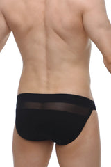 PetitQ bikini pons black briefs with sheer mesh panel across the waistband in black fabric
