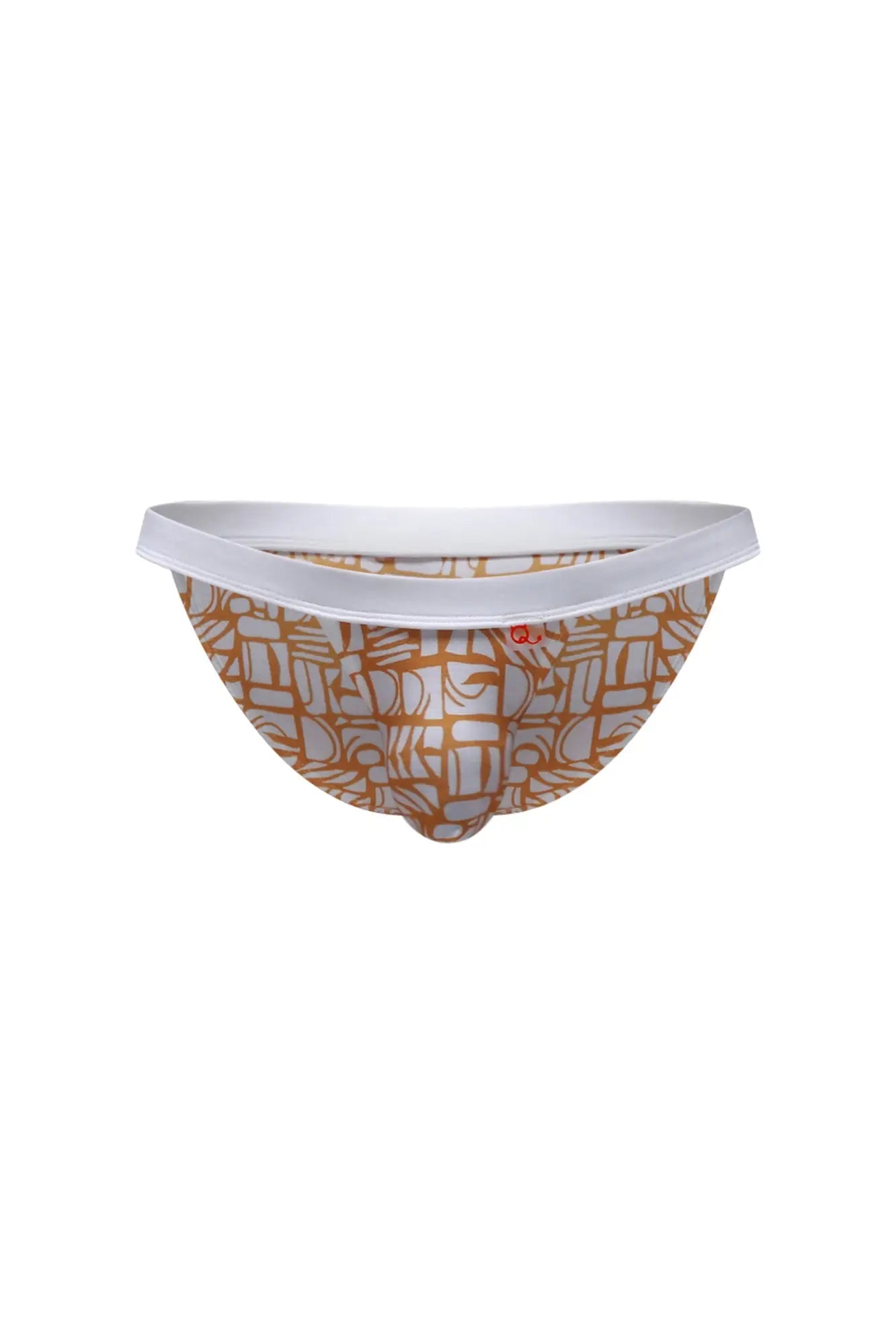 A pair of petitq bikini sillas carlot alloy men’s briefs with tan and white geometric pattern and solid white waistband