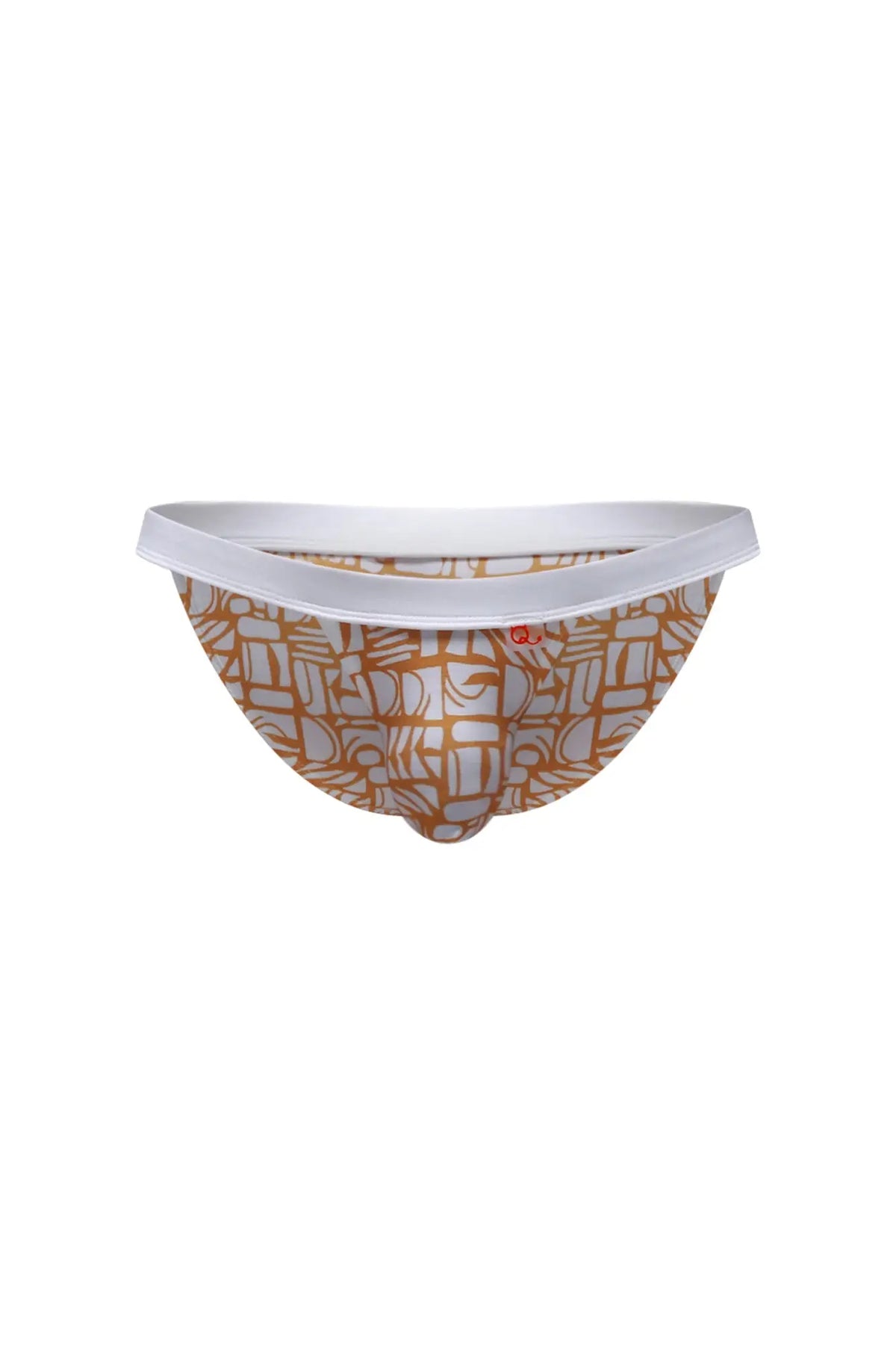 A pair of petitq bikini sillas carlot alloy men’s briefs with tan and white geometric pattern and solid white waistband