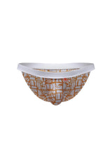 A pair of petitq bikini sillas carlot alloy men’s briefs with tan and white geometric pattern and solid white waistband