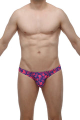 Vibrant pink and navy blue petitq bikini taik tropical hearts swim trunks with tropical leaf pattern for beachwear