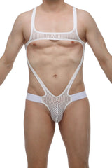 White mesh one-piece swimsuit with cutout design by petitq body jockthong oze durtol white front view