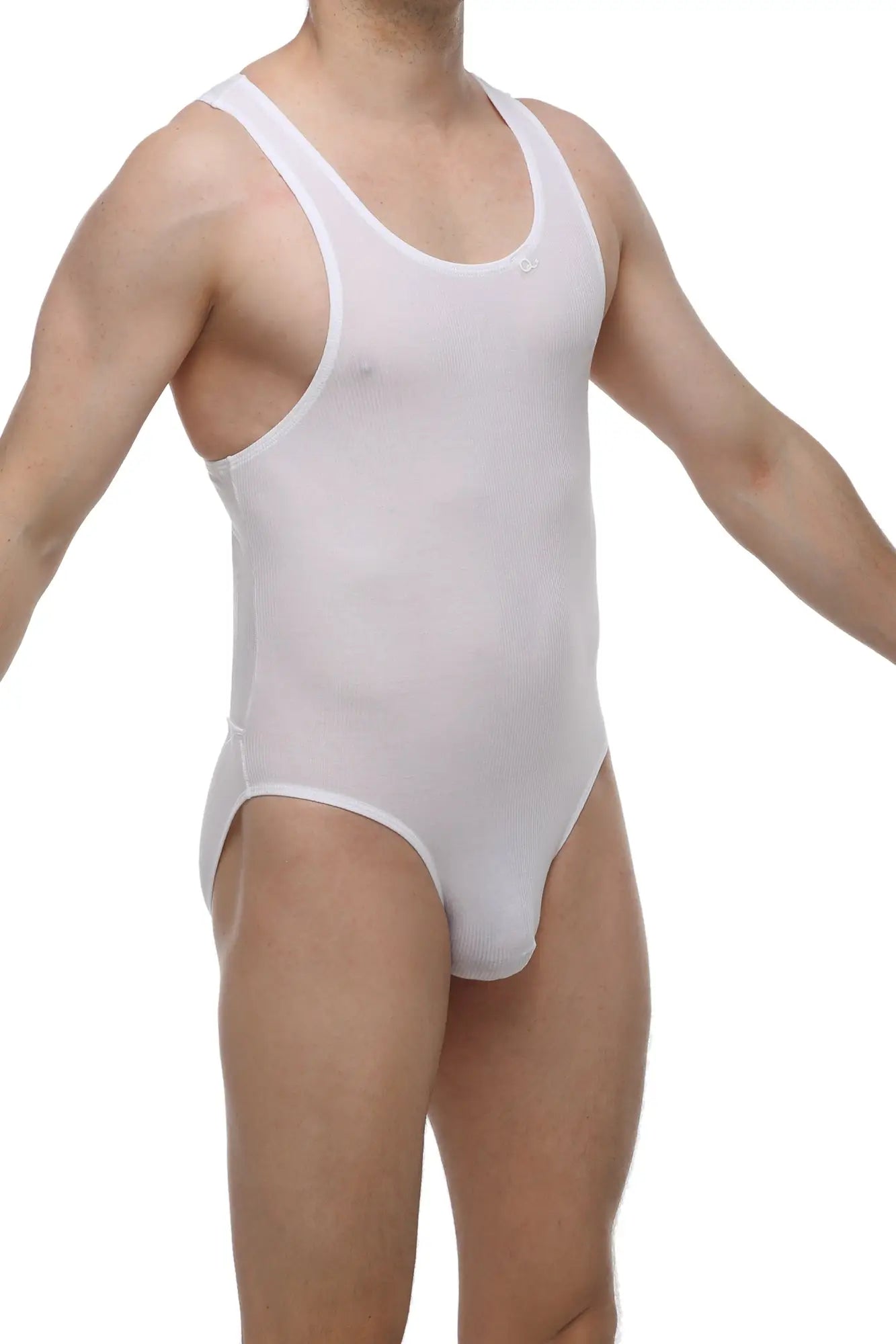White PetitQ Bodybrief open one-piece swimsuit with scoop neckline and wide shoulder straps in form-fitting fabric