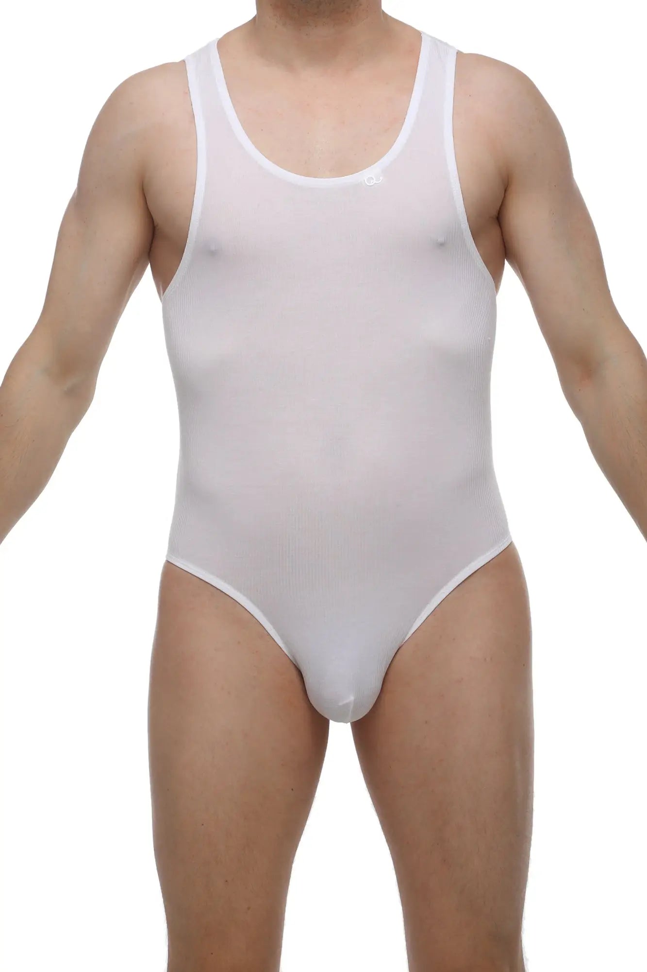 Petitq bodybrief open white sheer mesh one-piece swimsuit with scoop neckline and high-cut legs