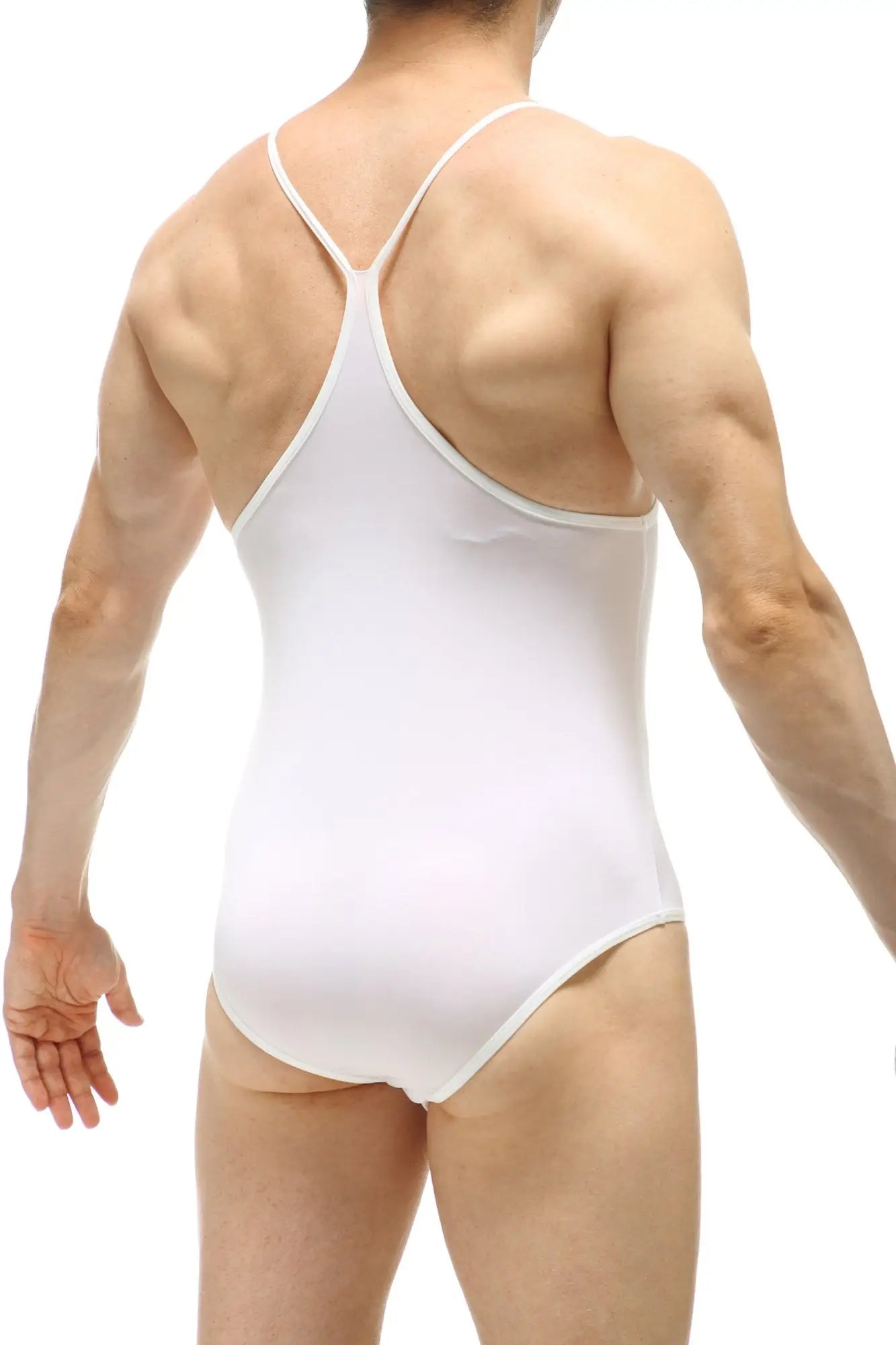 White one-piece swimsuit petitq bodybrief plum white with thin crisscross shoulder straps and smooth fit