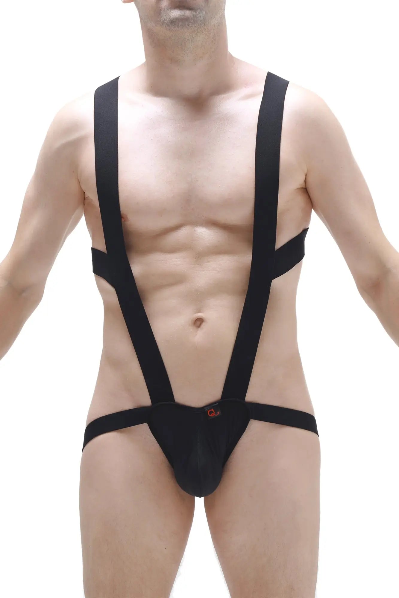 PetitQ BodyJockstrap black suspenders-style snug bodysuit with a small red logo on the front