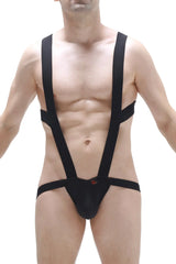 PetitQ BodyJockstrap black suspenders-style snug bodysuit with a small red logo on the front