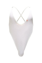 White mesh one-piece swimsuit petitq bodystring tarare bee with crisscross back straps shown from the back