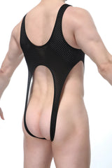 Black mesh petitq bodysuit caussol bee one-piece swimsuit with cutout back and side panels shown from back side