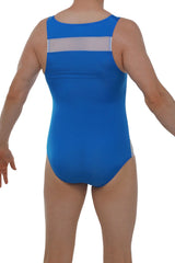 Back view of petitq bodysuit herly blue bright blue leotard with silver mesh panel and trim on side seams