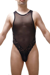Black sheer mesh bodysuit with intricate lace trim on sides and waistband petitq bodysuit murol black