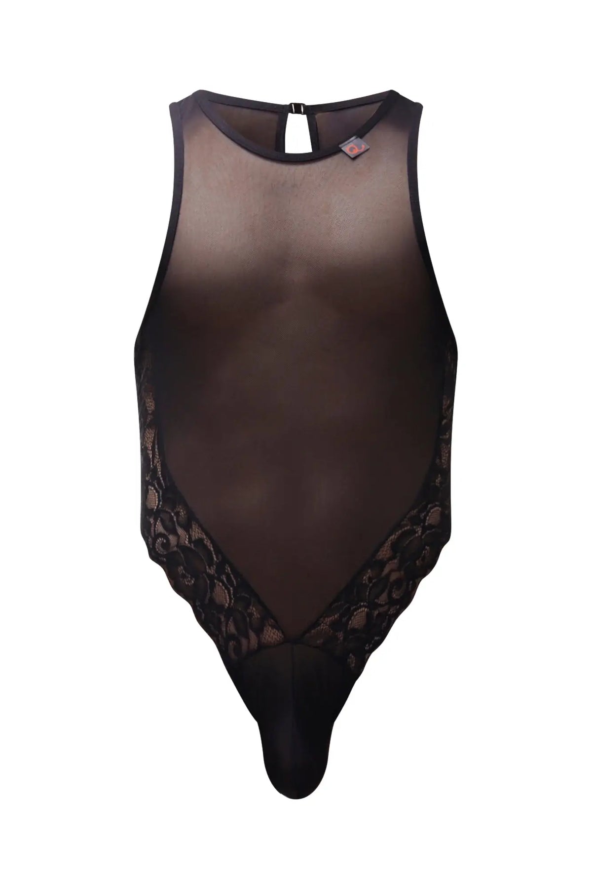 PetitQ bodysuit Murol black sheer mesh with intricate lace trim along sides shown from the back with clasp closure