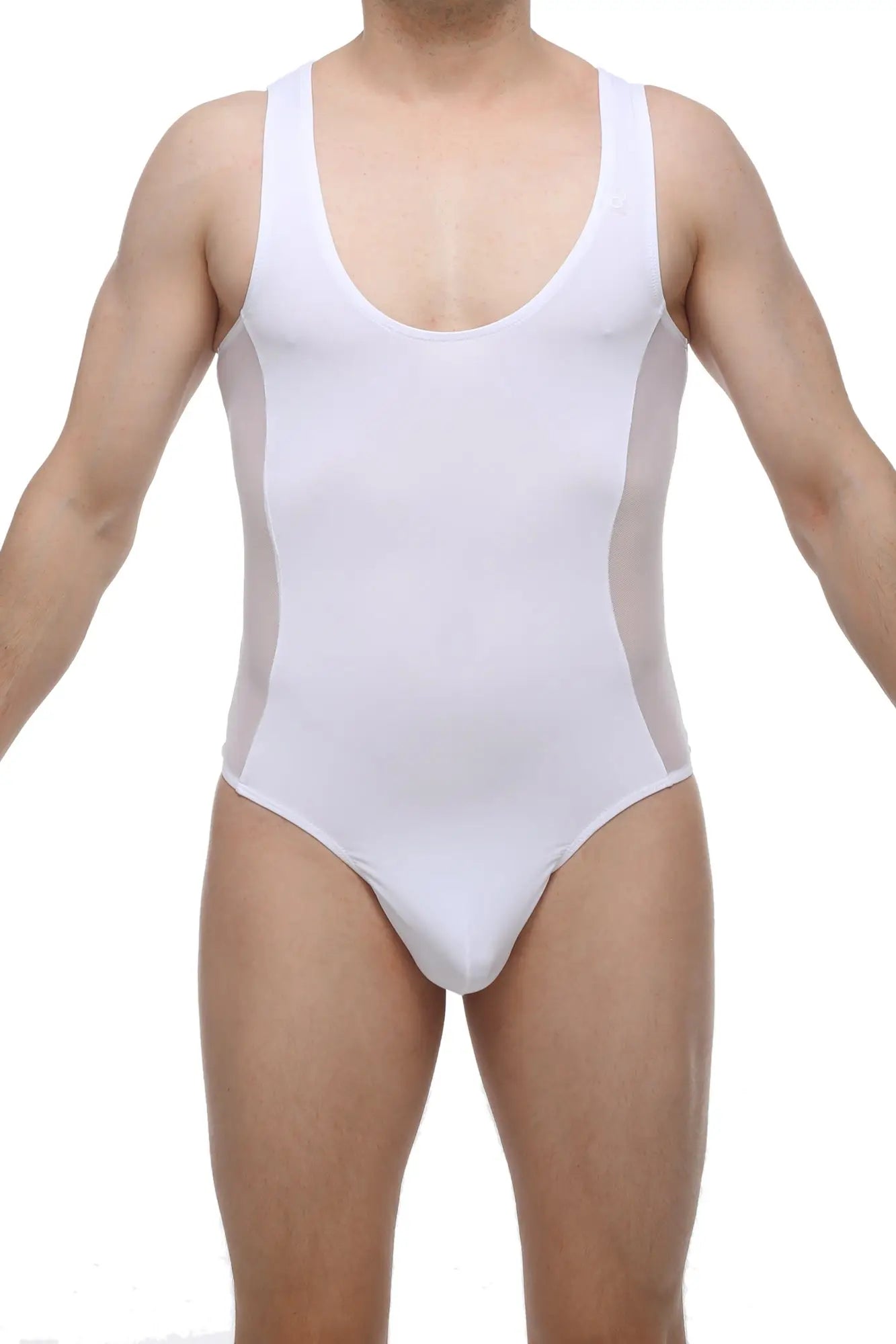 White petitq bodysuit one-piece swimsuit with sheer side panels showcasing a stylish and breathable design