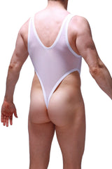 White sheer one-piece swimsuit with white trim by PetitQ featuring thong lepuil net fabric in white